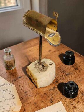 Vintage Mario Jason Brutalist Brass Mailbox Metal Artwork on Milky Quartz Signed